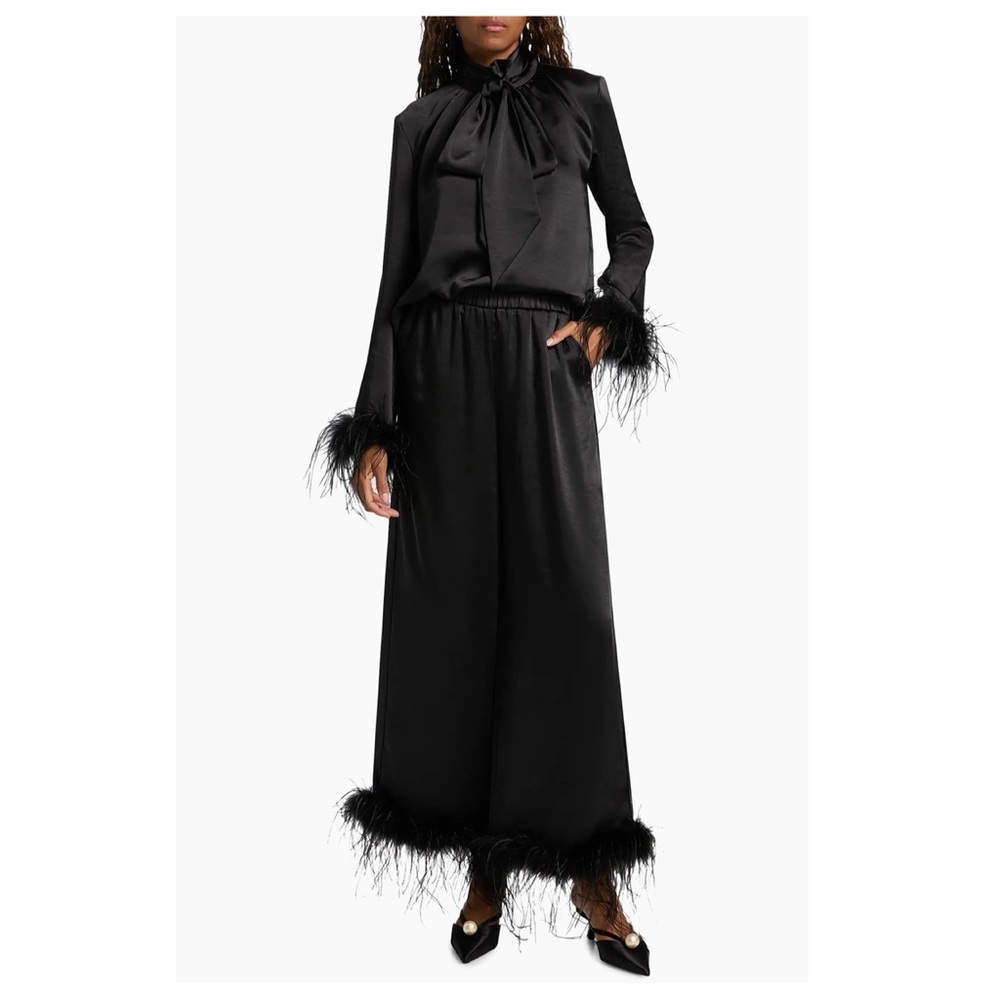Toccin Feather-Cuff Textured Satin Blouse